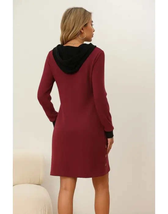 Kadın Uzun Kollu Kapşonlu önden Fermuarlı Düğmeli Mini Iki Iplik Elbise