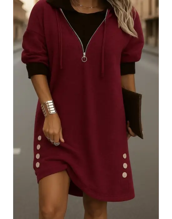 Kadın Uzun Kollu Kapşonlu önden Fermuarlı Düğmeli Mini Iki Iplik Elbise