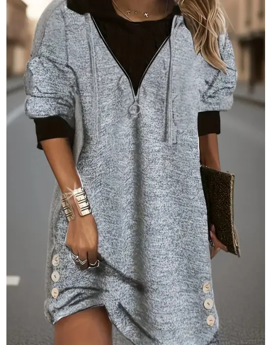 Kadın Uzun Kollu Kapşonlu önden Fermuarlı Düğmeli Mini Iki Iplik Elbise