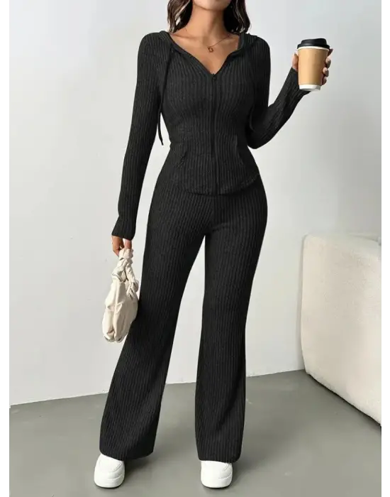 Kadın Uzun Kollu Kapşonlu önden Fermuarlı Kaşkorse Bluz Ve Pantolon Ikili Takım