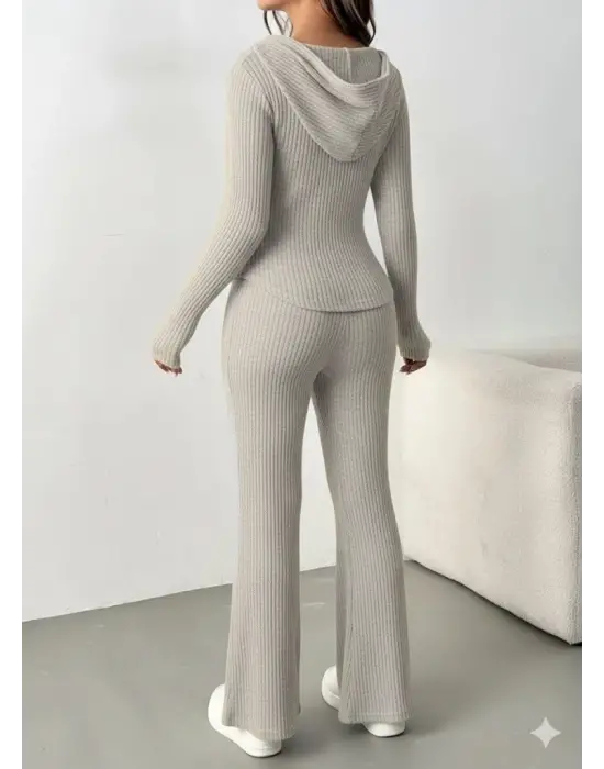 Kadın Uzun Kollu Kapşonlu önden Fermuarlı Kaşkorse Bluz Ve Pantolon Ikili Takım