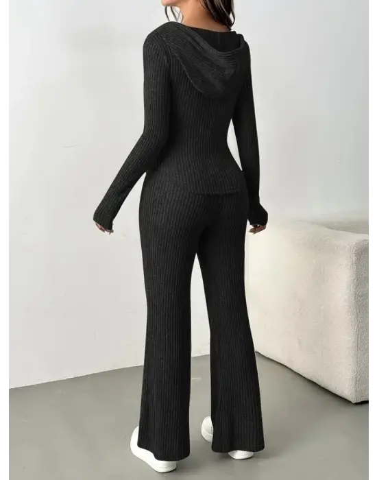 Kadın Uzun Kollu Kapşonlu önden Fermuarlı Kaşkorse Bluz Ve Pantolon Ikili Takım