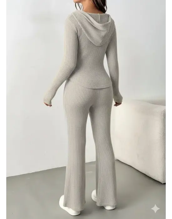 Kadın Uzun Kollu Kapşonlu önden Fermuarlı Kaşkorse Bluz Ve Pantolon Ikili Takım