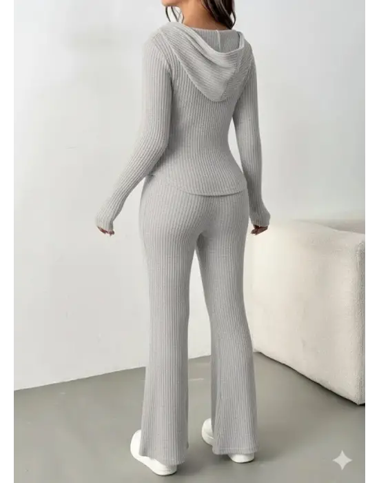 Kadın Uzun Kollu Kapşonlu önden Fermuarlı Kaşkorse Bluz Ve Pantolon Ikili Takım