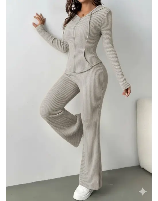 Kadın Uzun Kollu Kapşonlu önden Fermuarlı Kaşkorse Bluz Ve Pantolon Ikili Takım