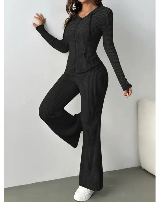 Kadın Uzun Kollu Kapşonlu önden Fermuarlı Kaşkorse Bluz Ve Pantolon Ikili Takım