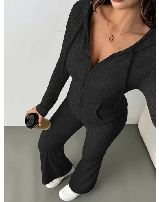 Kadın Uzun Kollu Kapşonlu önden Fermuarlı Kaşkorse Bluz Ve Pantolon Ikili Takım