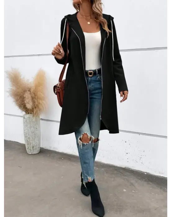 Kadın Uzun Kollu Kapşonlu önden Fermuarlı Midi Dalgıç Ceket