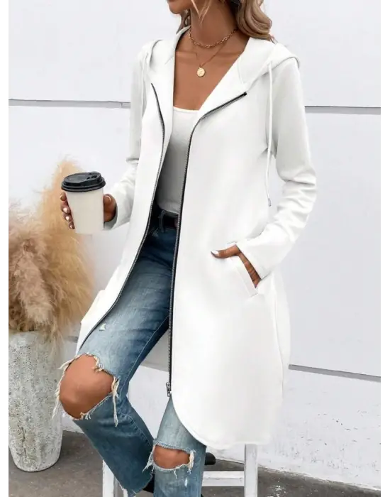 Kadın Uzun Kollu Kapşonlu önden Fermuarlı Midi Dalgıç Ceket