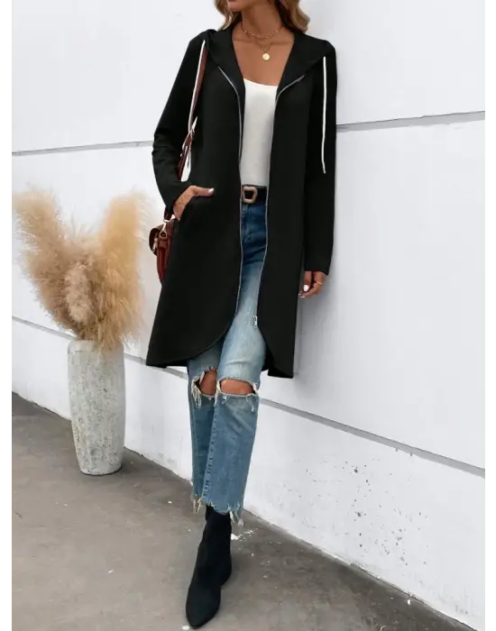 Kadın Uzun Kollu Kapşonlu önden Fermuarlı Midi Dalgıç Ceket