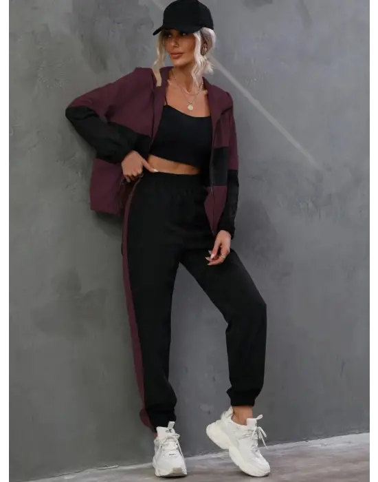 Kadın Uzun Kollu Kapşonlu önden Fermuarlı Viskon Iki Iplik Bluz Ve Pantolon Ikili Takım