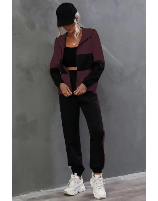 Kadın Uzun Kollu Kapşonlu önden Fermuarlı Viskon Iki Iplik Bluz Ve Pantolon Ikili Takım
