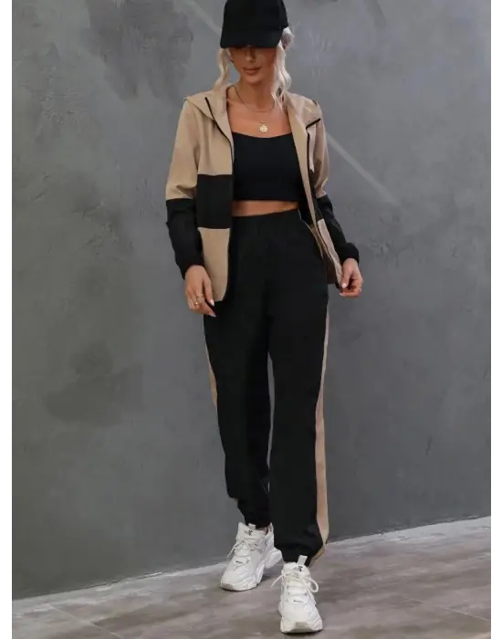 Kadın Uzun Kollu Kapşonlu önden Fermuarlı Viskon Iki Iplik Bluz Ve Pantolon Ikili Takım