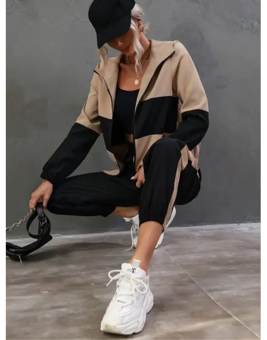 Kadın Uzun Kollu Kapşonlu önden Fermuarlı Viskon Iki Iplik Bluz Ve Pantolon Ikili Takım