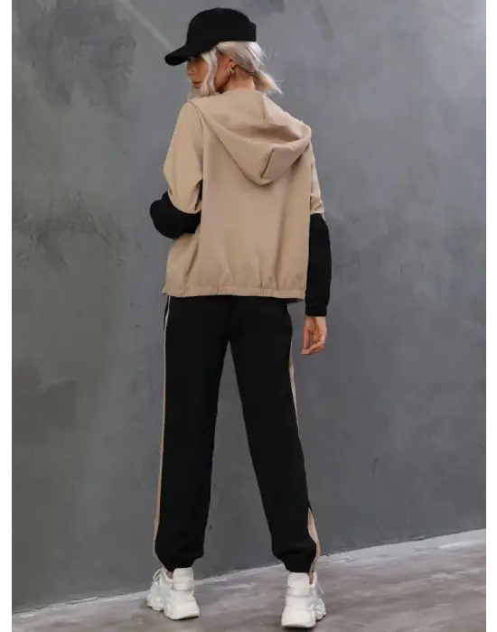 Kadın Uzun Kollu Kapşonlu önden Fermuarlı Viskon Iki Iplik Bluz Ve Pantolon Ikili Takım