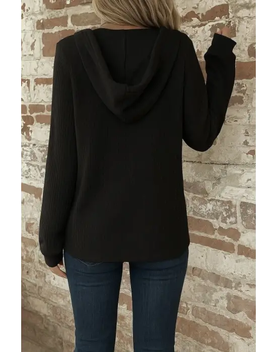 Kadın Uzun Kollu Kapşonlu önü Düğmeli Ve Bağcıklı Waffle Bluz