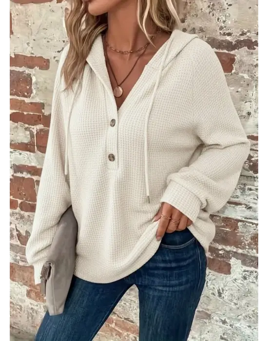 Kadın Uzun Kollu Kapşonlu önü Düğmeli Ve Bağcıklı Waffle Bluz