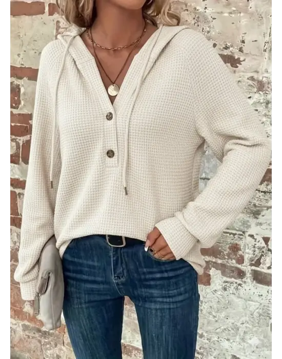 Kadın Uzun Kollu Kapşonlu önü Düğmeli Ve Bağcıklı Waffle Bluz