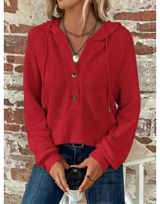 Kadın Uzun Kollu Kapşonlu önü Düğmeli Ve Bağcıklı Waffle Bluz