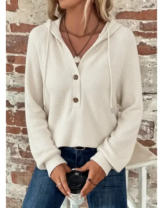 Kadın Uzun Kollu Kapşonlu önü Düğmeli Ve Bağcıklı Waffle Bluz