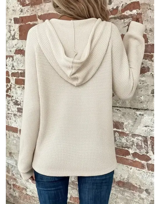 Kadın Uzun Kollu Kapşonlu önü Düğmeli Ve Bağcıklı Waffle Bluz