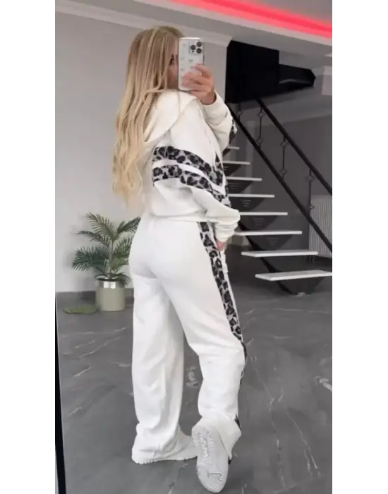 Kadın Uzun Kollu Kapşonlu önü Fermuarlı Leopar Desenli Modal Bluz Ve Pantolon Ikili Takım