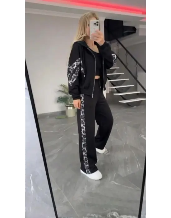Kadın Uzun Kollu Kapşonlu önü Fermuarlı Leopar Desenli Modal Bluz Ve Pantolon Ikili Takım