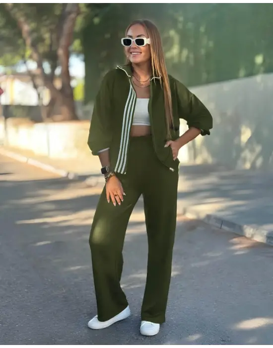 Kadın Uzun Kollu Kapşonlu Onu şerit Detaylı Fermuarlı Viskon Iki Iplik Bluz Ve Pantolon Ikili Takım