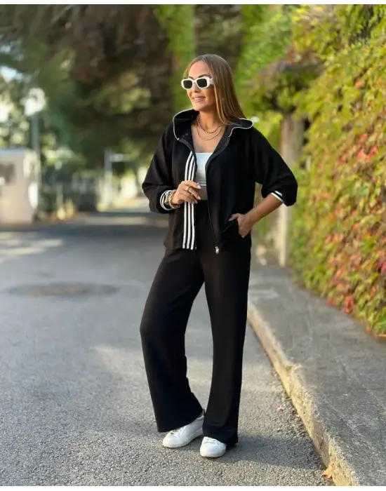 Kadın Uzun Kollu Kapşonlu Onu şerit Detaylı Fermuarlı Viskon Iki Iplik Bluz Ve Pantolon Ikili Takım