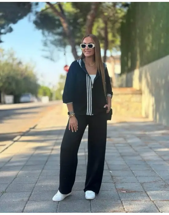 Kadın Uzun Kollu Kapşonlu Onu şerit Detaylı Fermuarlı Viskon Iki Iplik Bluz Ve Pantolon Ikili Takım