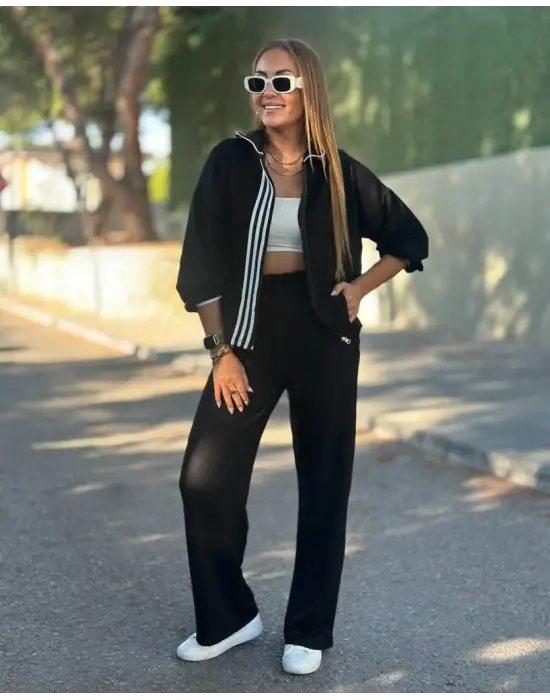 Kadın Uzun Kollu Kapşonlu Onu şerit Detaylı Fermuarlı Viskon Iki Iplik Bluz Ve Pantolon Ikili Takım