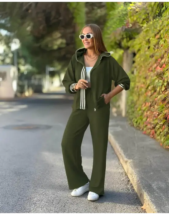 Kadın Uzun Kollu Kapşonlu Onu şerit Detaylı Fermuarlı Viskon Iki Iplik Bluz Ve Pantolon Ikili Takım