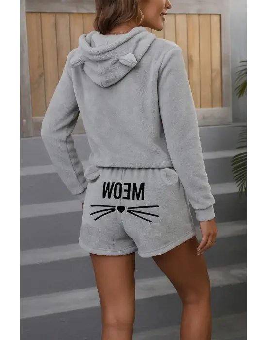 Kadın Uzun Kollu Kapşonlu Peluş Bluz Ve Kısa Short Ikili Takım