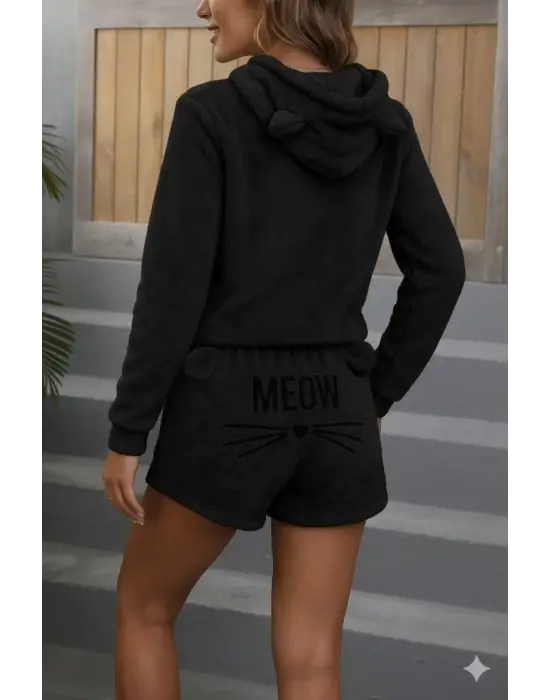 Kadın Uzun Kollu Kapşonlu Peluş Bluz Ve Kısa Short Ikili Takım