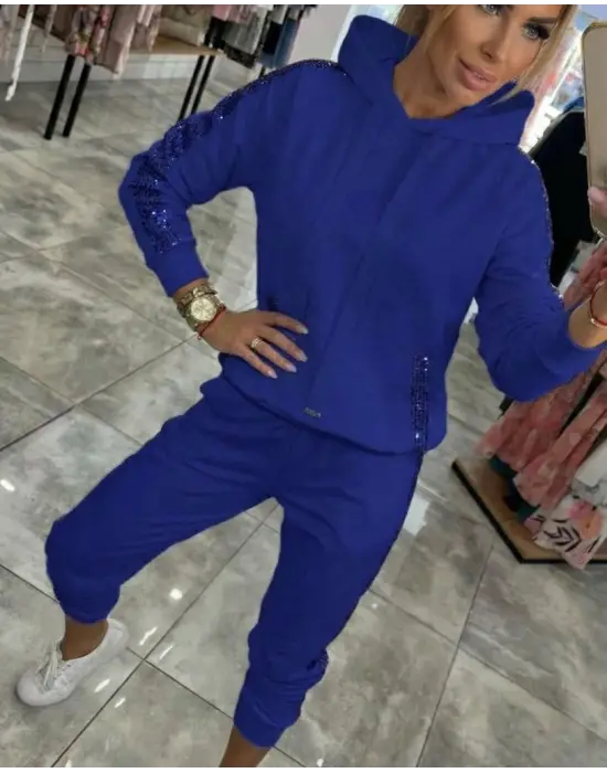 Kadın Uzun Kollu Kapşonlu Pulpayet Detay Viskon Iki Iplik Bluz Ve Pantolon Ikili Takım