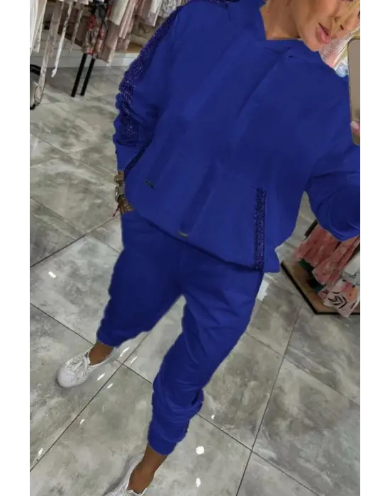 Kadın Uzun Kollu Kapşonlu Pulpayet Detay Viskon Iki Iplik Bluz Ve Pantolon Ikili Takım