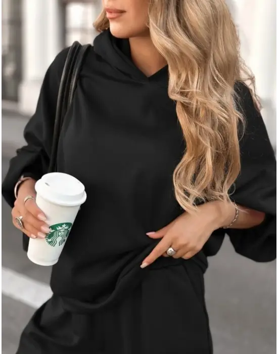 Kadın Uzun Kollu Kapşonlu Viskon Iki Iplik Bluz Ve Pantolon Ikili Takım