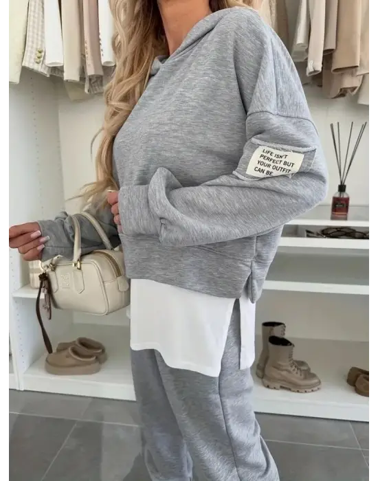 Kadın Uzun Kollu Kapşonlu Viskon Iki Iplik Bluz Ve Pantolon Ikili Takım