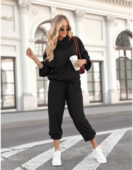 Kadın Uzun Kollu Kapşonlu Viskon Iki Iplik Bluz Ve Pantolon Ikili Takım