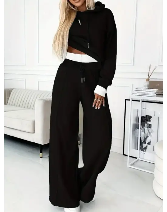 Kadın Uzun Kollu Kapşonlu Viskon Iki Iplik Bluz Ve Pantolon Ikili Takım