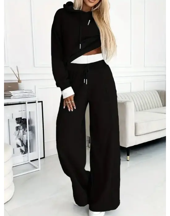 Kadın Uzun Kollu Kapşonlu Viskon Iki Iplik Bluz Ve Pantolon Ikili Takım