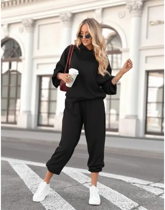 Kadın Uzun Kollu Kapşonlu Viskon Iki Iplik Bluz Ve Pantolon Ikili Takım