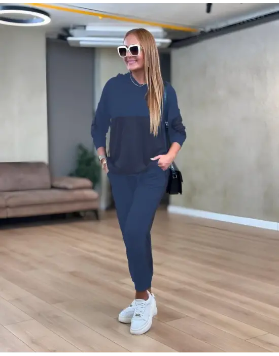 Kadın Uzun Kollu Kapşonlu Viskon Iki Iplik Bluz Ve Pantolon Ikili Takım