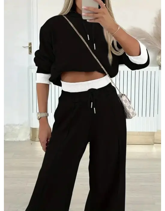 Kadın Uzun Kollu Kapşonlu Viskon Iki Iplik Bluz Ve Pantolon Ikili Takım