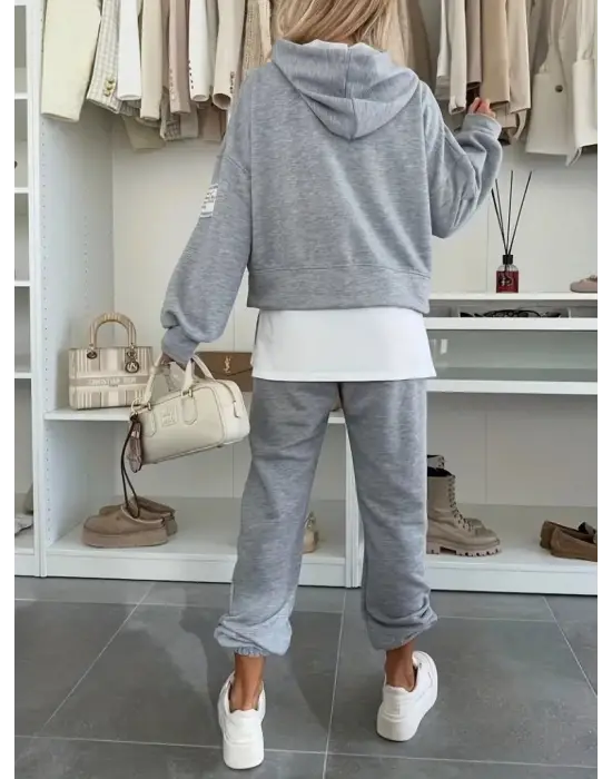 Kadın Uzun Kollu Kapşonlu Viskon Iki Iplik Bluz Ve Pantolon Ikili Takım