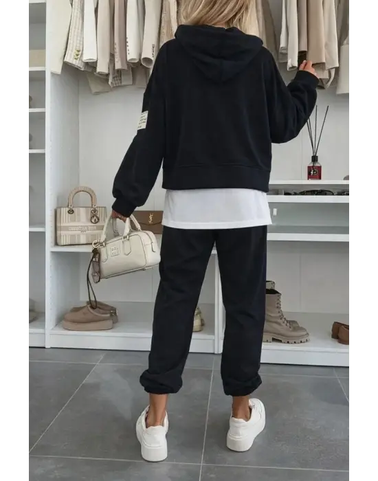 Kadın Uzun Kollu Kapşonlu Viskon Iki Iplik Bluz Ve Pantolon Ikili Takım