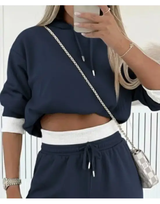 Kadın Uzun Kollu Kapşonlu Viskon Iki Iplik Füme Bluz Ve Pantolon Ikili Takım