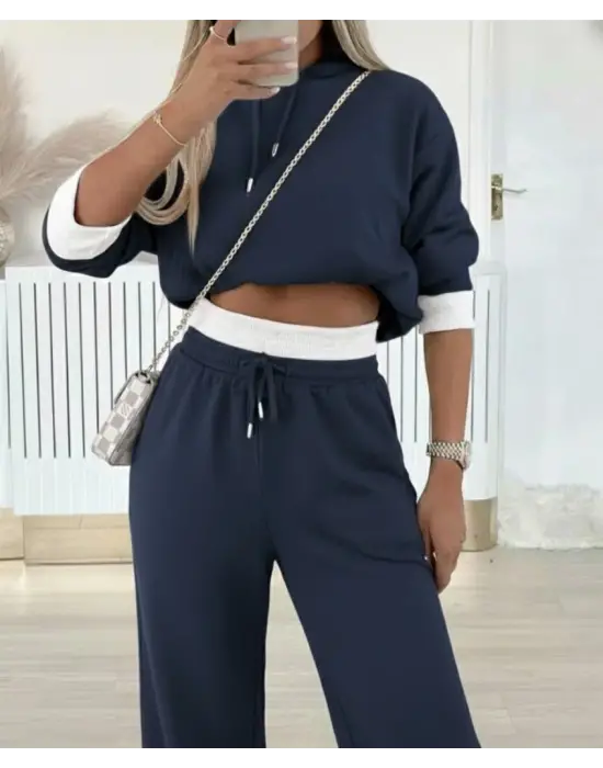 Kadın Uzun Kollu Kapşonlu Viskon Iki Iplik Füme Bluz Ve Pantolon Ikili Takım