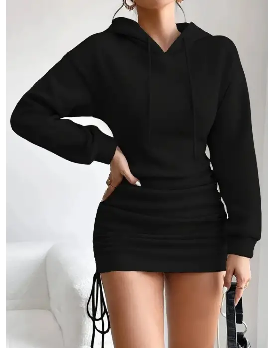 Kadın Uzun Kollu Kapşonlu Yandan Büzgülü Mini Viskon Iki Iplik Elbise