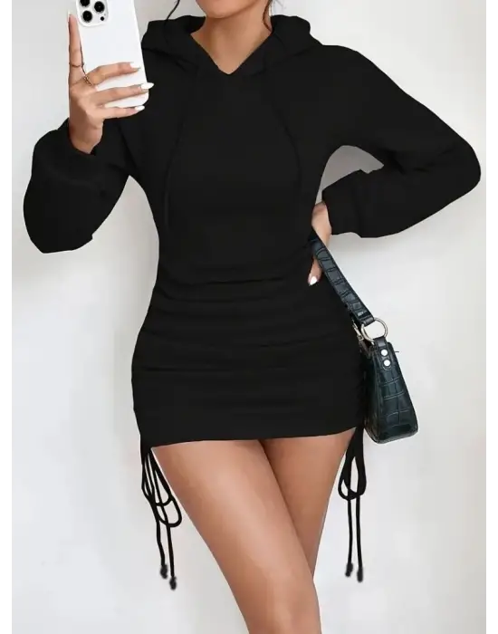Kadın Uzun Kollu Kapşonlu Yandan Büzgülü Mini Viskon Iki Iplik Elbise